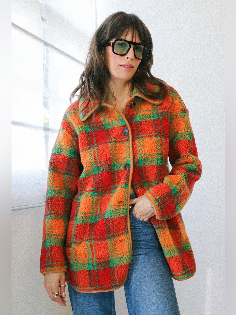 LISA SAYS GAH Jesse Sherpa Jacket in Orange Plaid Size XS/S - Picture 2 of 16